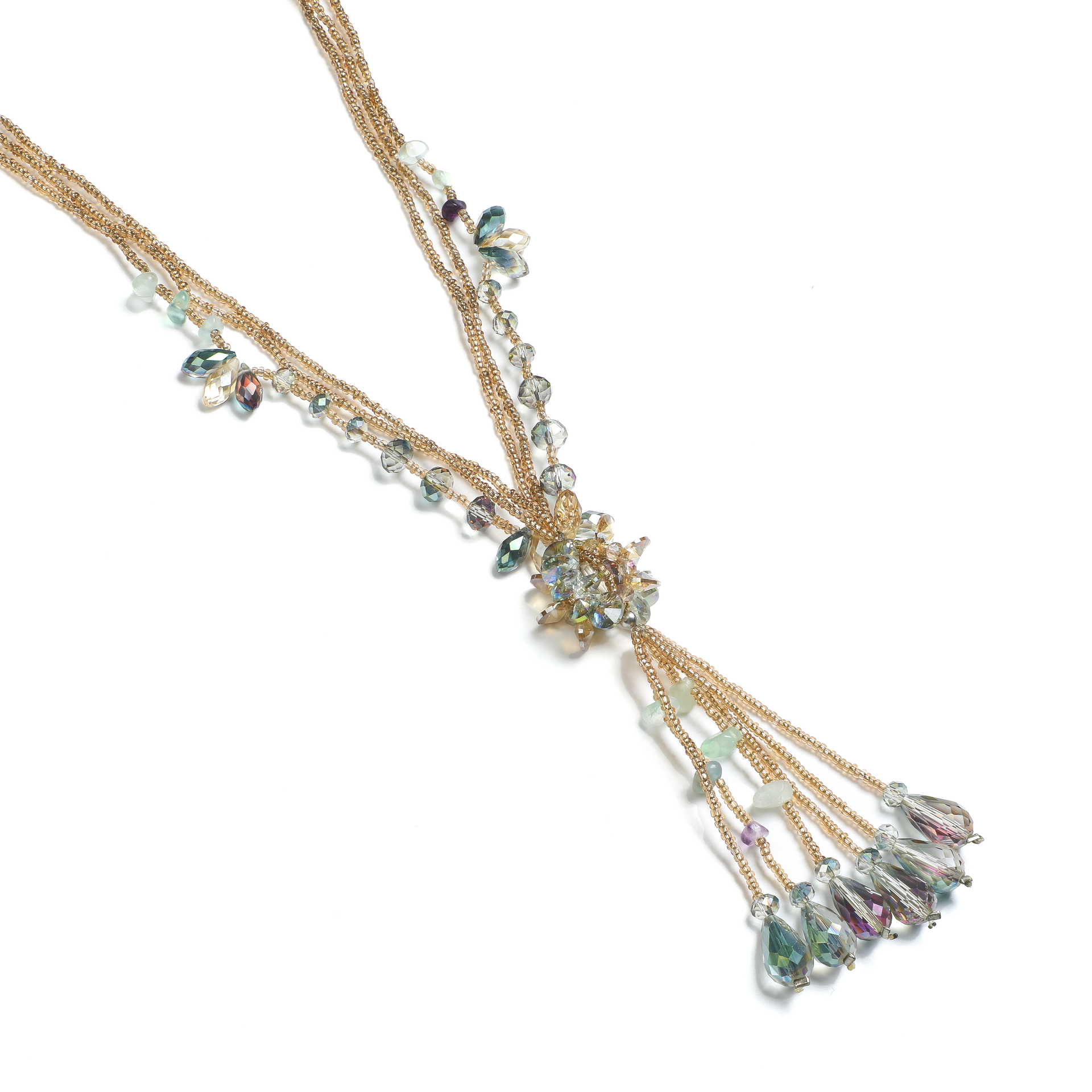 Multi-Color Crystal Flower Knot Tassel Necklace