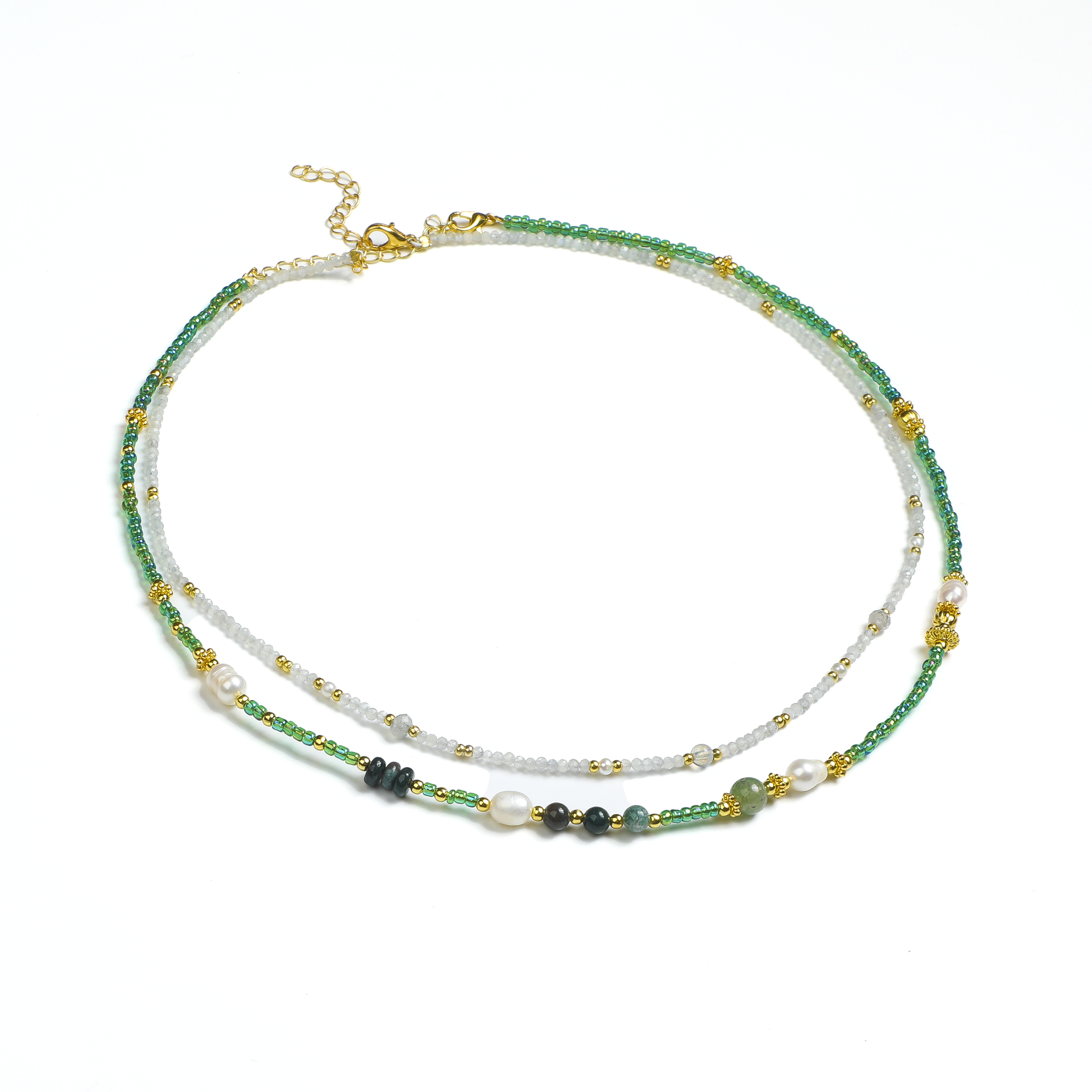 Zen Double-Layer Green Crystal and Pearl Necklace
