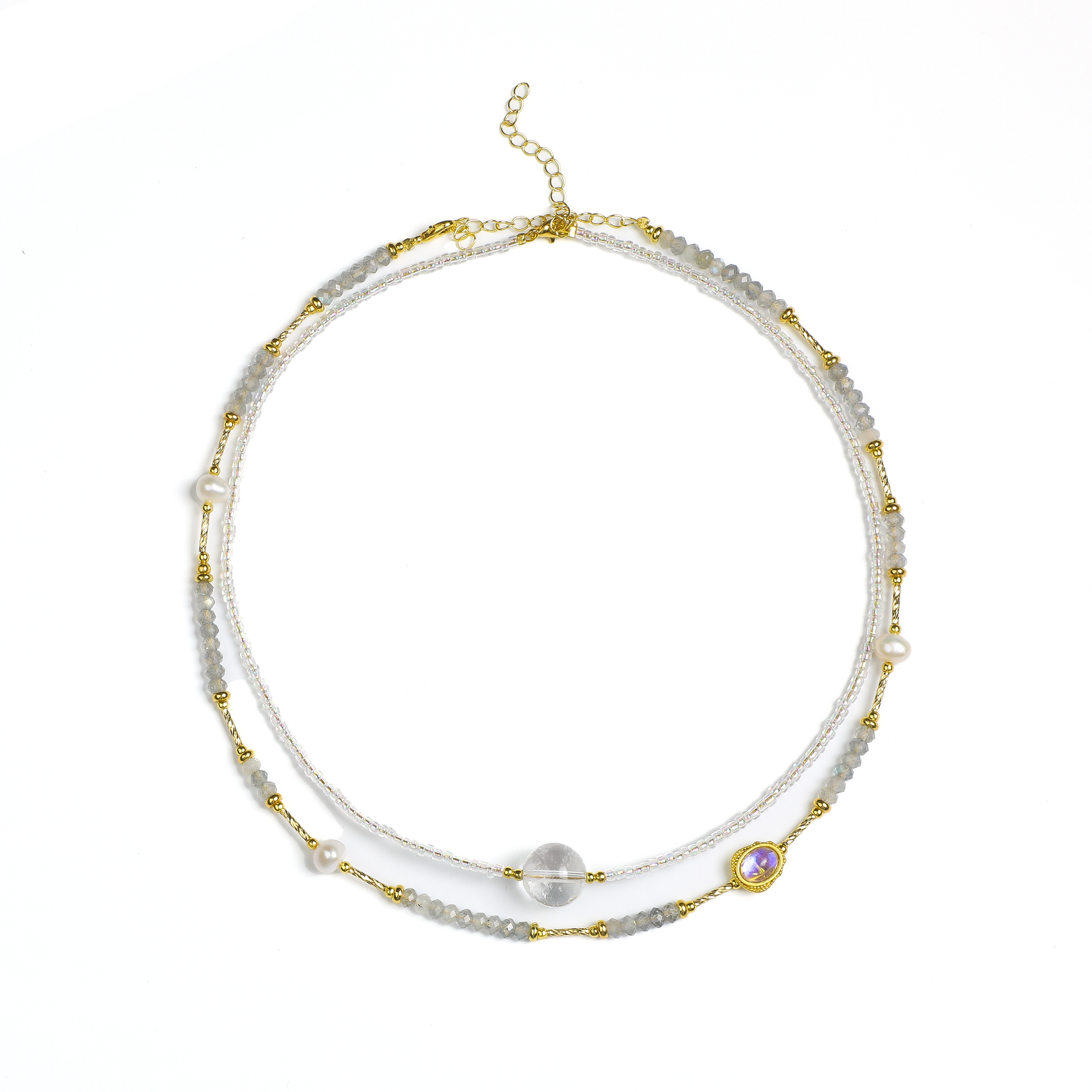 Zen Double-Strand Smoky and Amethyst Crystal Necklace