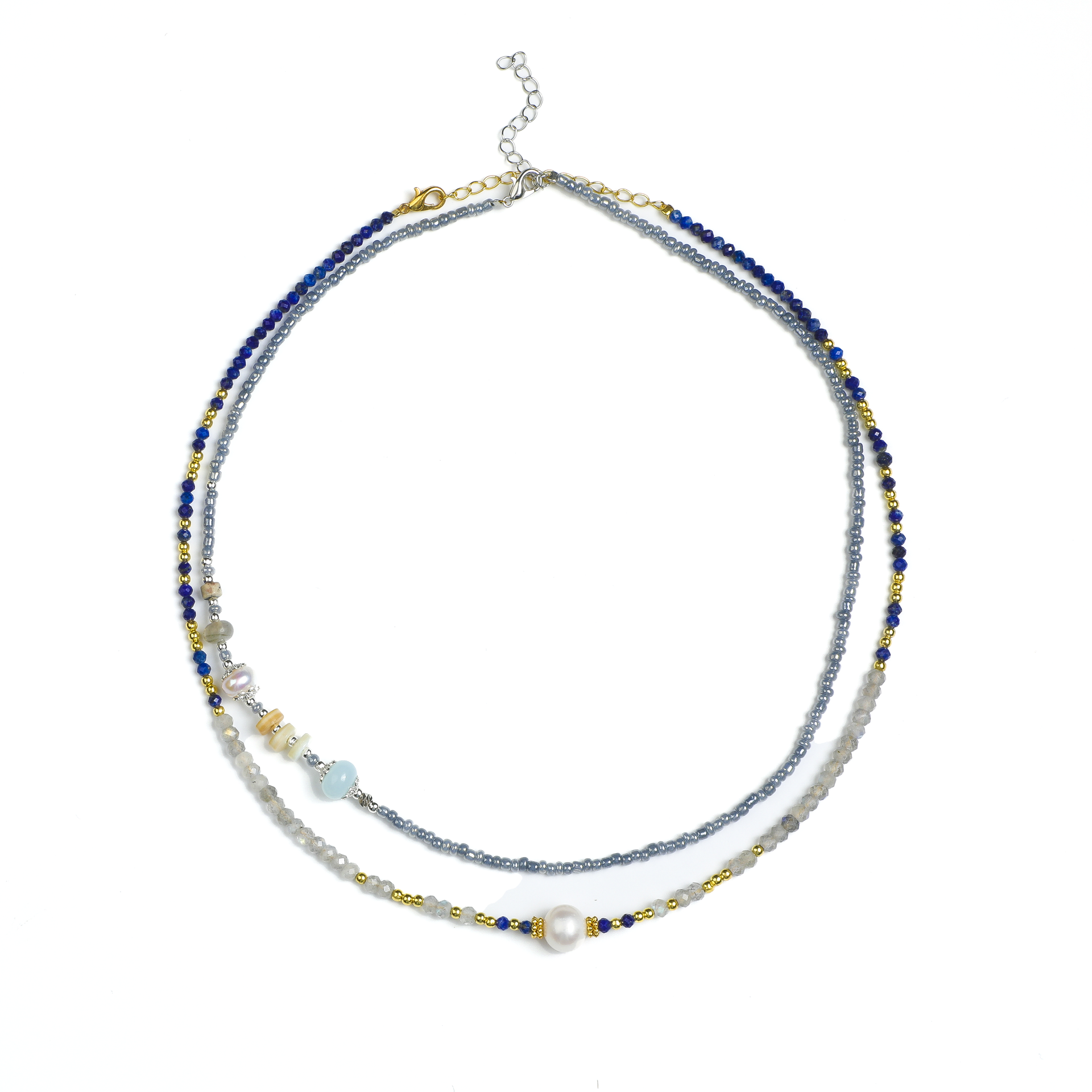 Zen Double-Strand Lapis Lazuli and Natural Pearl Necklace
