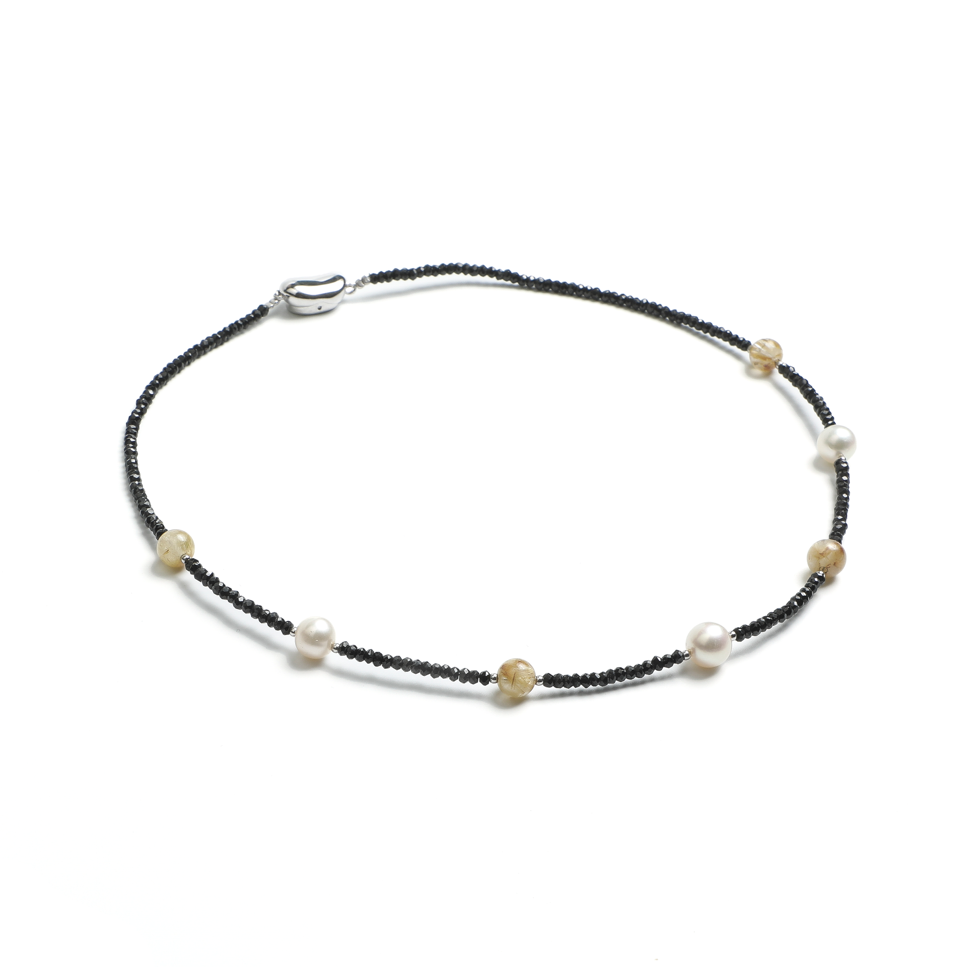 1970s Japanese Black Crystal Rutilated Quartz and Pearl Necklace