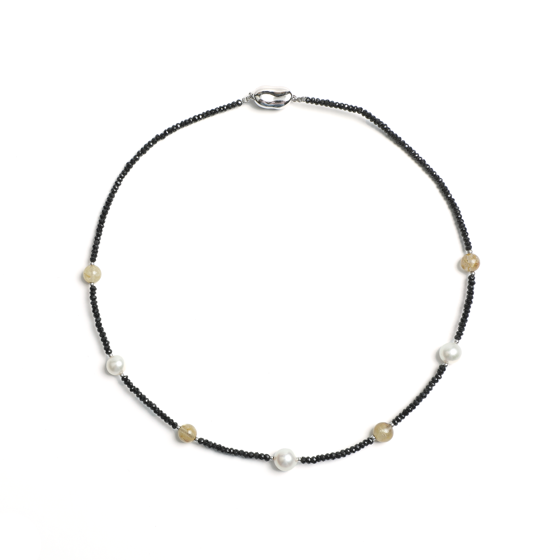 1970s Japanese Black Crystal Rutilated Quartz and Pearl Necklace