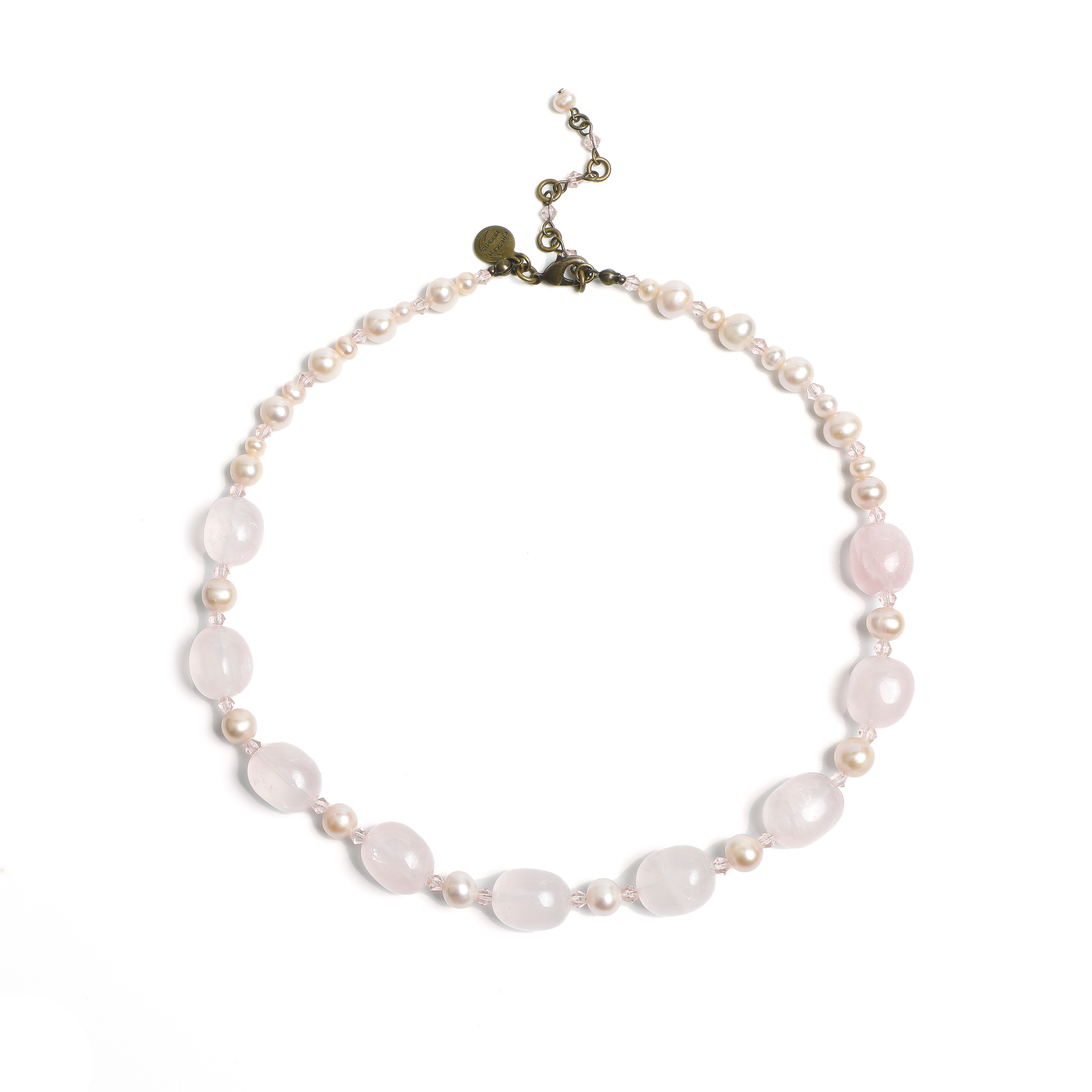 1970s Japanese Natural Pink Crystal Necklace with Copper Tag