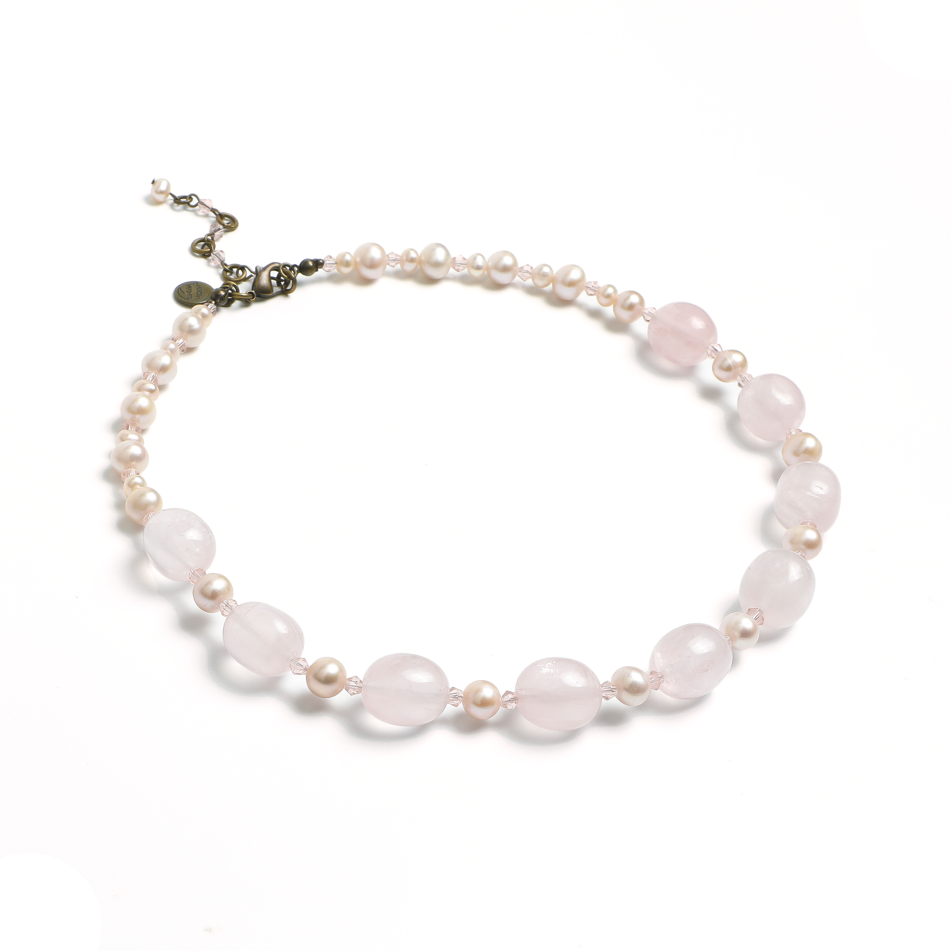 1970s Japanese Natural Pink Crystal Necklace with Copper Tag