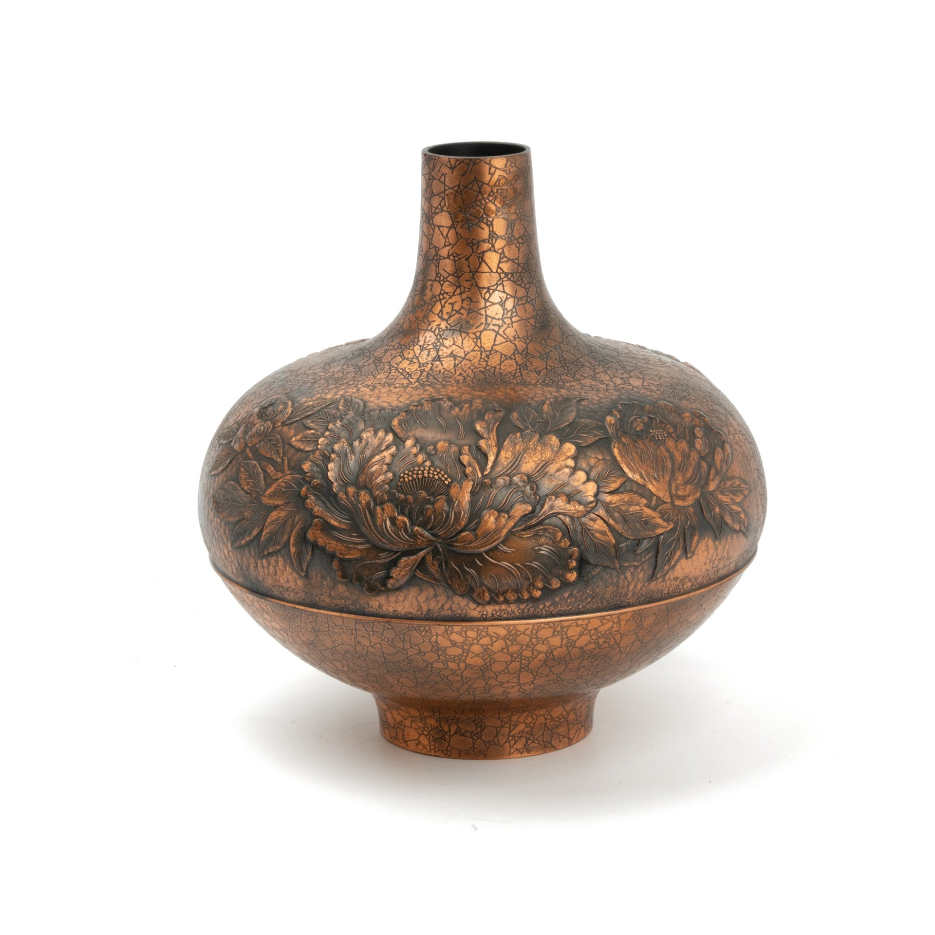 Japanese Vintage Floral Relief Copper Vase