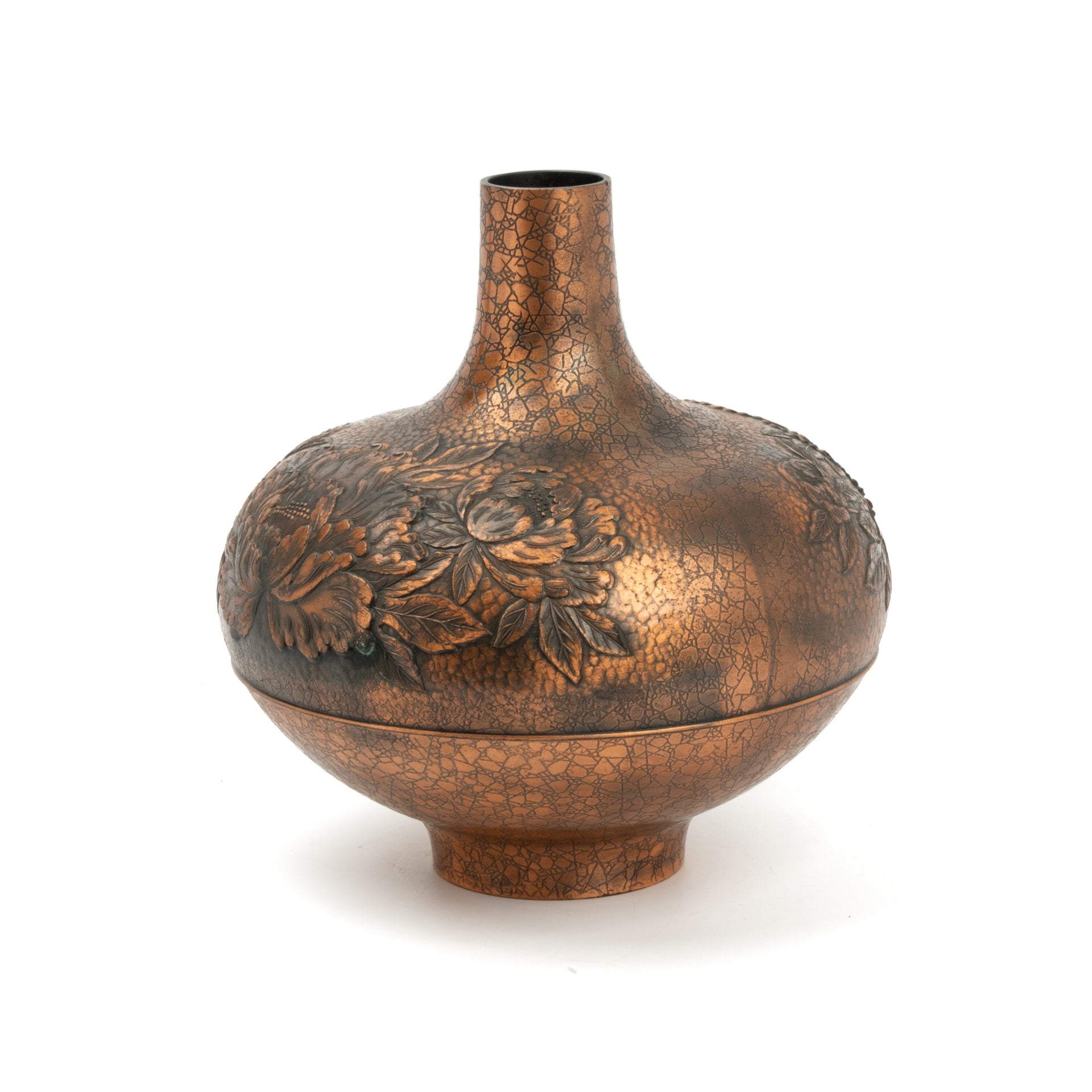 Japanese Vintage Floral Relief Copper Vase
