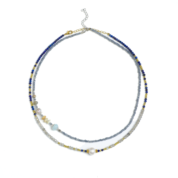 Zen Double-Strand Lapis Lazuli and Natural Pearl Necklace